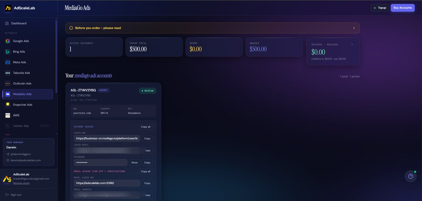 AdScaleLab dashboard showing an agency account with copy-ready login credentials